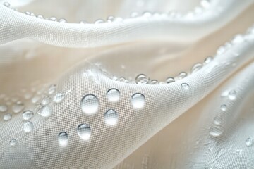 glistening water drops on a textured piece of waterproof fabric, showcasing intricate details and reflections