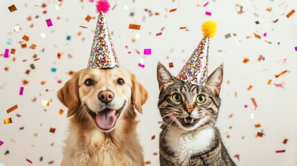 Happy dog and cat together celebrating New Year's Eve wearing party hats with confetti falling. Website header with room 
