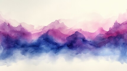 Abstract watercolor landscape painting with purple and blue hues depicting misty mountains.