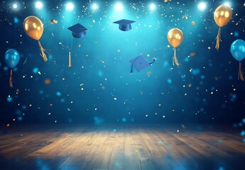 Fototapeta premium Celebration of Graduation With Colorful Balloons and Caps Floating Against a Blue Backdrop Illuminated by Stage Lights