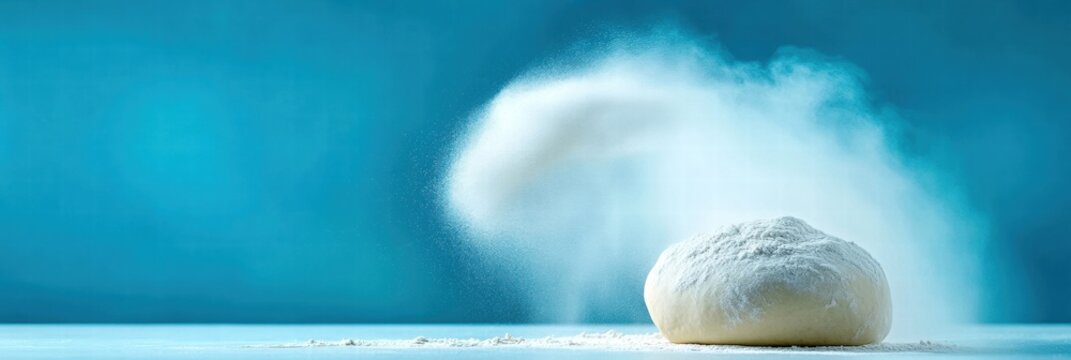 Fresh dough ball with flour dust on a blue background, ideal for baking.