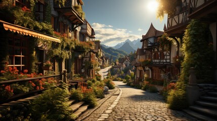 Obraz premium Picturesque Village Street in the Mountains: A Sun-Drenched Cobblestone Lane