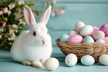 A cute white rabbit sitting next to colorful Easter eggs in a basket, surrounded by blooming flowers.
