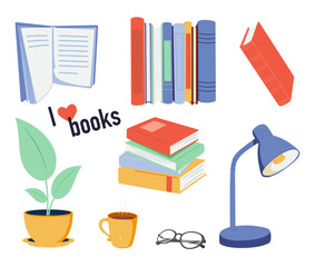 Books and reading set. Textbooks for academic studies, cute cats, houseplant, glasses. Bundle of decorative design