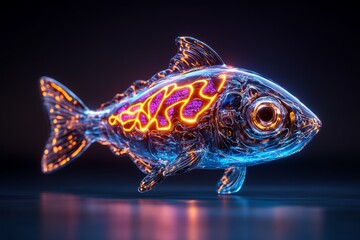 A vibrant 3D illustration of a genetically modified fish with glowing patterns swimming in a crystal-clear tank, illuminated by soft blue lighting