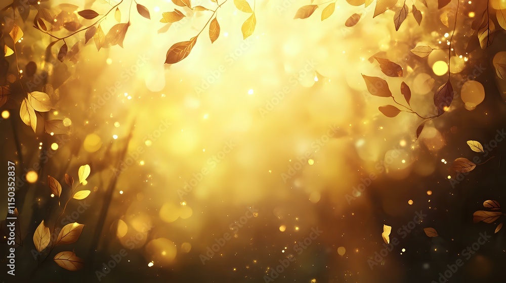 Poster a mystical forest abstract background with dappled golden sunlight, scattered leaves and soft bokeh 