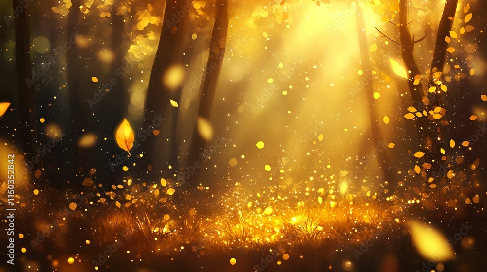 Poster a mystical forest abstract background with dappled golden sunlight, scattered leaves and soft bokeh 