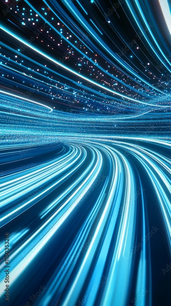 Poster vibrant blue light trails create a dynamic sense of speed and movement in a futuristic digital envir
