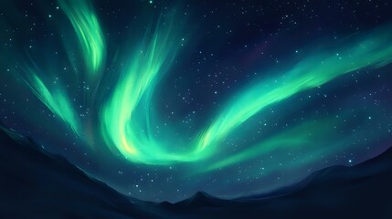 Fototapeta premium Abstract cosmic aurora background with vivid green and blue streaks, shimmering stars and glowing bokeh lights