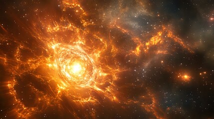 Obraz premium Abstract cosmic background with radiant red and orange supernovas, glowing stardust and delicate bokeh light formations