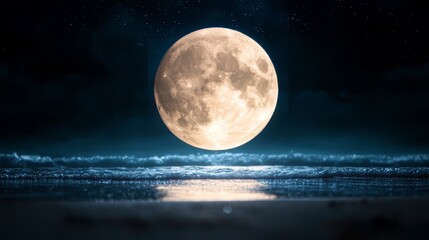 A full moon over the ocean at night with stars in the sky