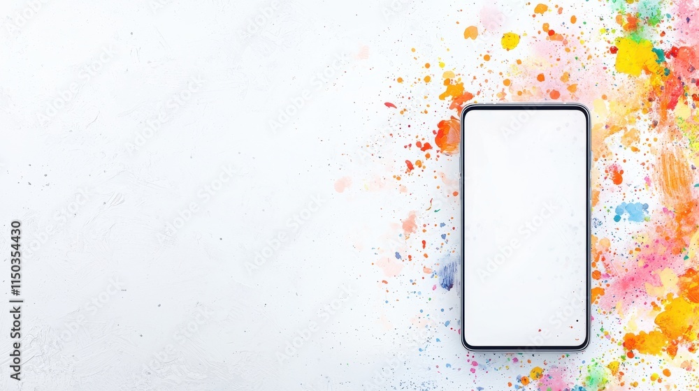 Poster a blank smartphone is surrounded by vibrant splashes of color on a white background, creating an art