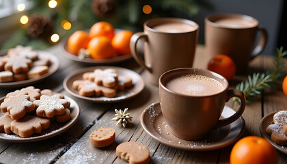  Winter treats: A table with traditional New Year sweets such as gingerbread, tangerines and hot chocolate in mugs.
