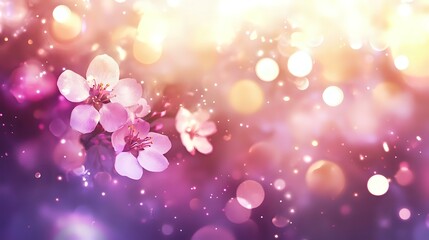Abstract enchanted garden background with soft pink and purple blossoms, golden sunlight and shimmering bokeh orbs