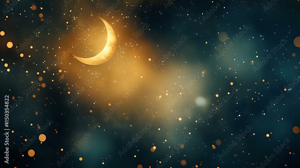 Canvas Prints abstract enchanted night sky background with glowing crescent moon, shimmering stars and soft bokeh 