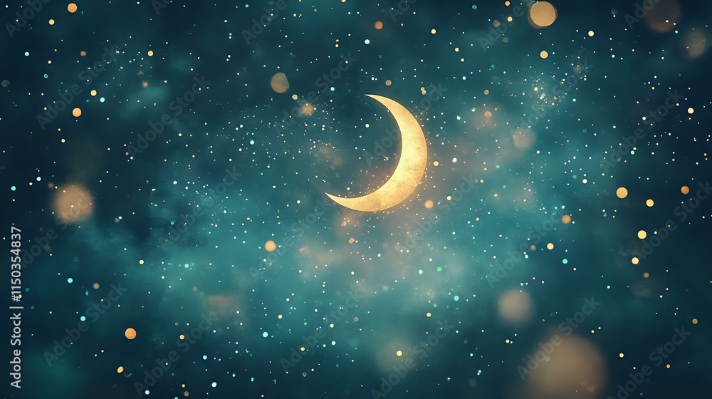 Poster abstract enchanted night sky background with glowing crescent moon, shimmering stars and soft bokeh 
