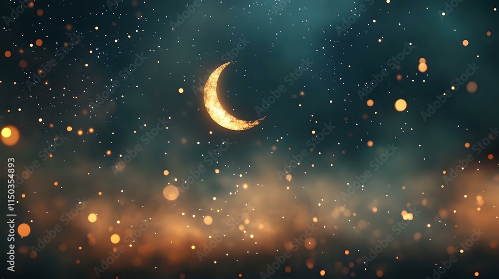 Poster abstract enchanted night sky background with glowing crescent moon, shimmering stars and soft bokeh 