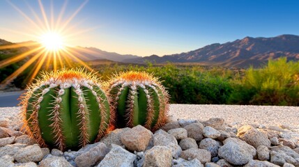 A couple of cactus plants sitting on top of a rocky ground