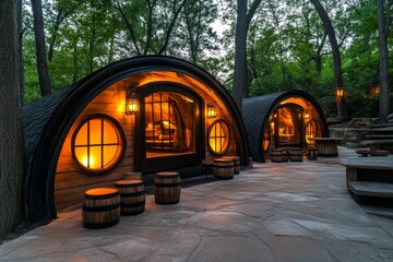 Naklejka premium A whimsical forest tavern run by gnomes, with tiny stools, glowing lanterns, and barrels of magical brews