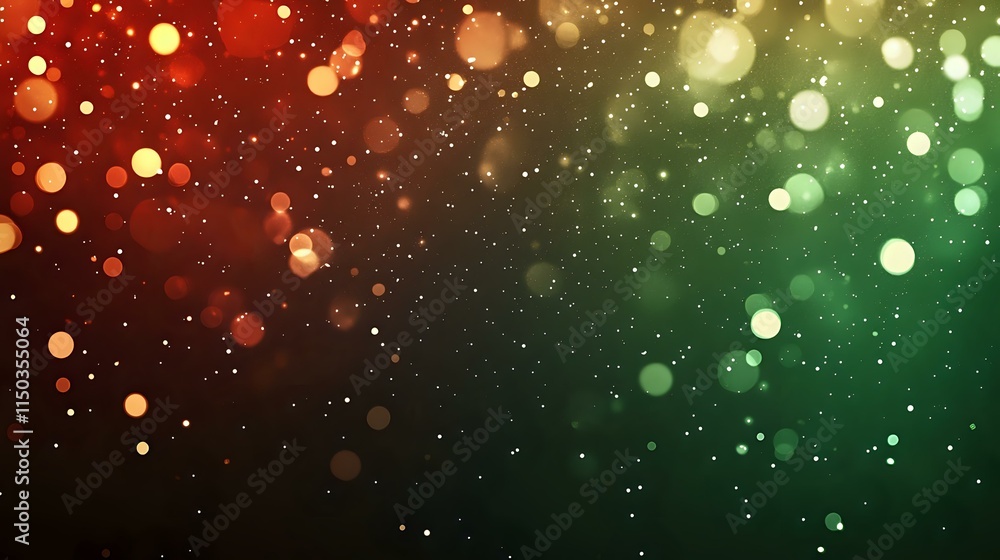 Poster abstract festive background with twinkling fairy lights, rich red and green tones and shimmering bok
