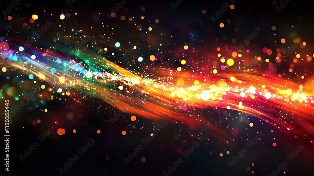 Poster abstract firework background with radiant multicolored sparks, dark night sky and scattered light tr