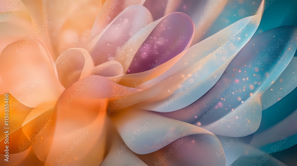 Poster abstract floral background with pastel petals, light sparkles and overlapping translucent layers for
