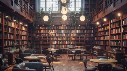 Cozy library interior with wooden shelves, soft lighting, and inviting reading tables for relaxation