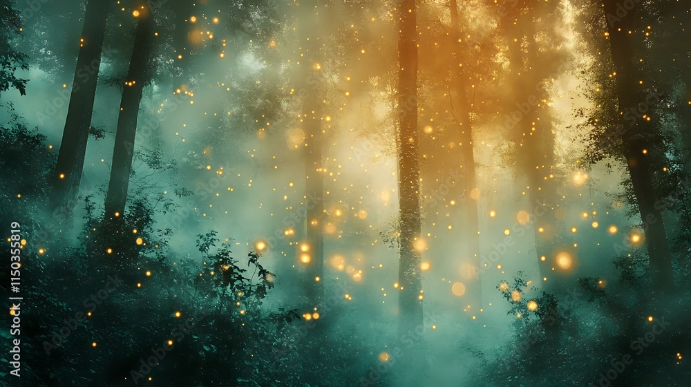 Poster abstract forest background with ethereal amber and emerald tones, misty lights and sparkling dew dro
