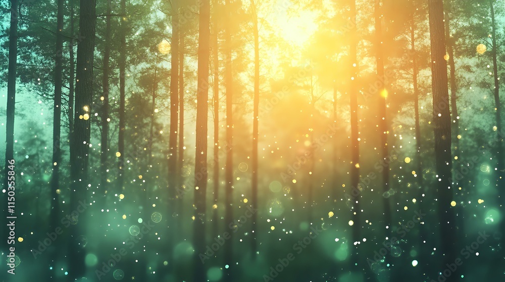 Poster abstract forest background with ethereal amber and emerald tones, misty lights and sparkling dew dro