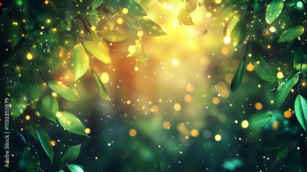 Poster abstract forest background with ethereal amber and emerald tones, misty lights and sparkling dew dro