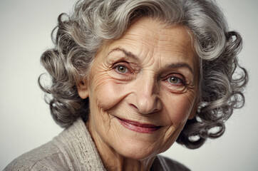 Fictional Elderly Woman with Silver-Gray Curls, Hazel Eyes, and Gentle Smile
