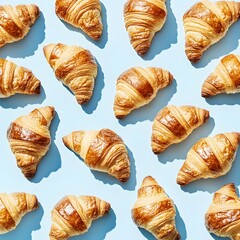 Delicious golden croissants forming appetizing food pattern background, generative AI.