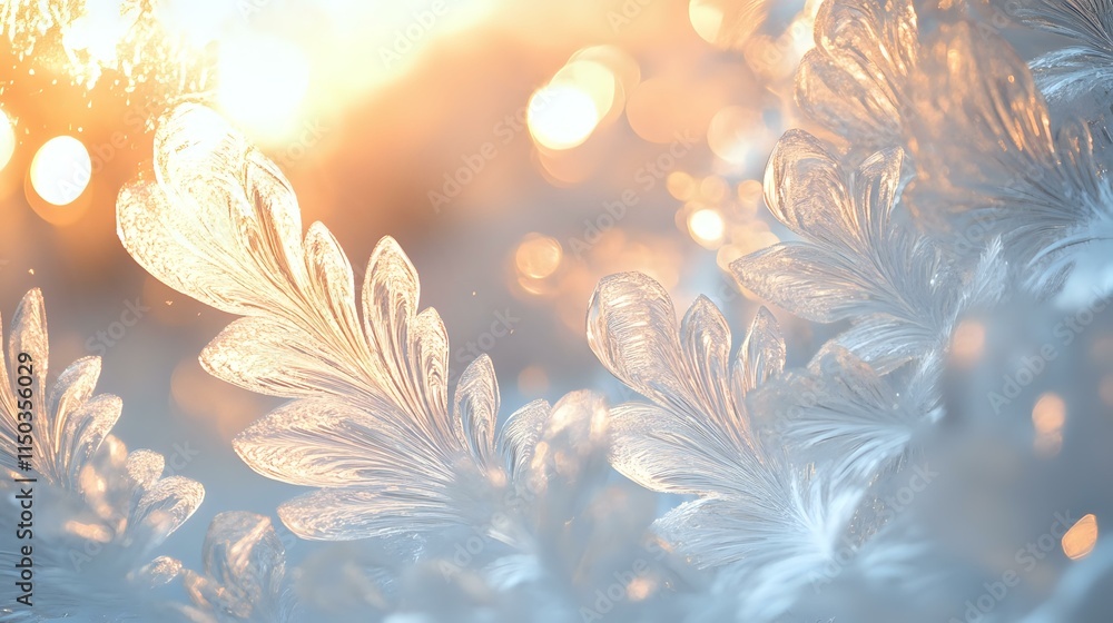 Poster abstract frosty window background with icy white textures, glowing golden light reflections and deli