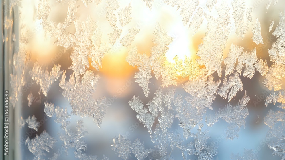 Poster abstract frosty window background with icy white textures, glowing golden light reflections and deli