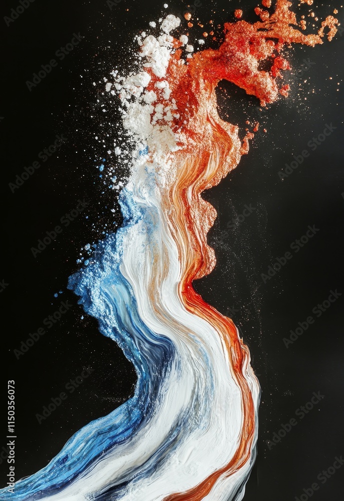 Poster colorful abstract swirl created by vibrant powders on a dark background showcasing artistic flow and
