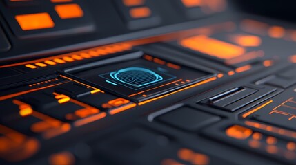 Obraz premium A futuristic interface with glowing orange elements, featuring a highlighted circular pattern, suggesting advanced technology and interface design.