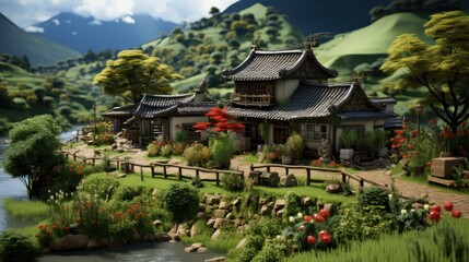 Fototapeta premium Serene Asian House by the River: A Digital Painting of Tranquility