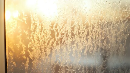 Abstract frosty window background with icy white textures, glowing golden light reflections and delicate bokeh dots