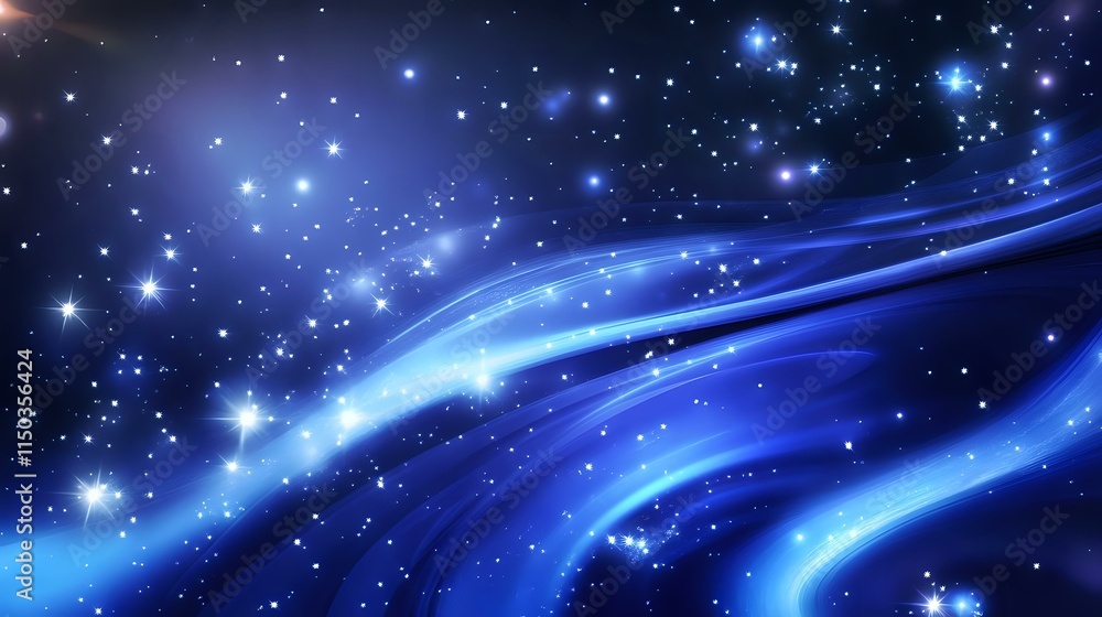 Poster abstract galaxy background featuring deep indigo, swirling nebulae and scattered glowing stars with 