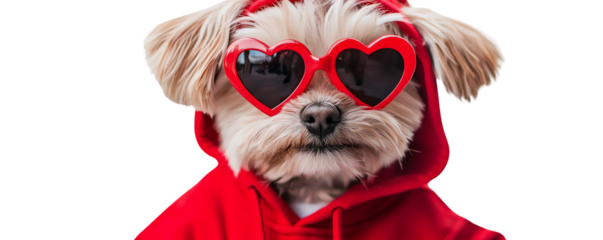 Cute dog in red heart-shaped sunglasses and hoodie posing for a fun, stylish photo.