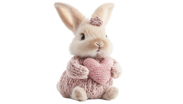 Cute fluffy bunny in knitted sweater holding a pink heart, symbolizing love and warmth.