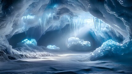 Abstract icy cave background with frosted silver and blue textures, shimmering crystals and glowing bokeh-like light effects