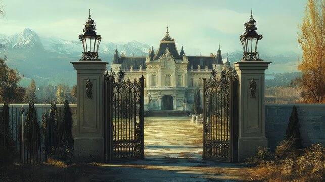 Grand estate entrance with wrought iron gates, leading to a majestic chateau in the mountains.
