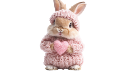 Adorable bunny in a pink sweater holding a heart.
