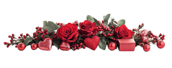 Elegant red rose arrangement with berries and gifts for romantic decoration.