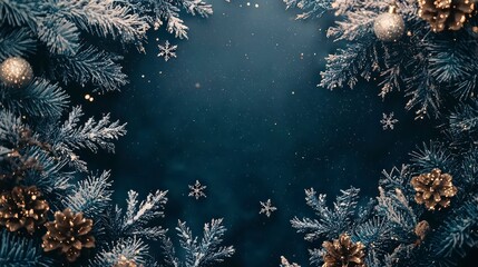 Enchanting Dark Fantasy Christmas Border Featuring Snowflakes, Pinecones, and Delicate Ornaments Surrounded by a Winter Wonderland Atmosphere