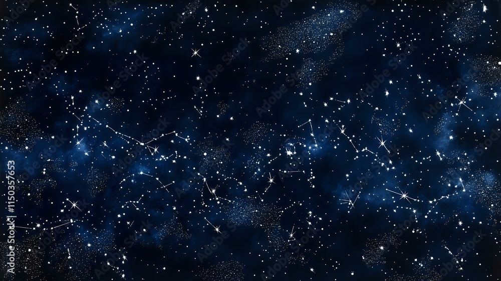 Poster abstract night sky background with sparkling silver constellations, deep navy tones and scattered li