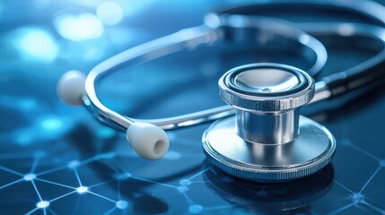 Silver stethoscope set against a glowing blue digital background, symbolizing healthcare technology and the integration of modern medicine with innovation