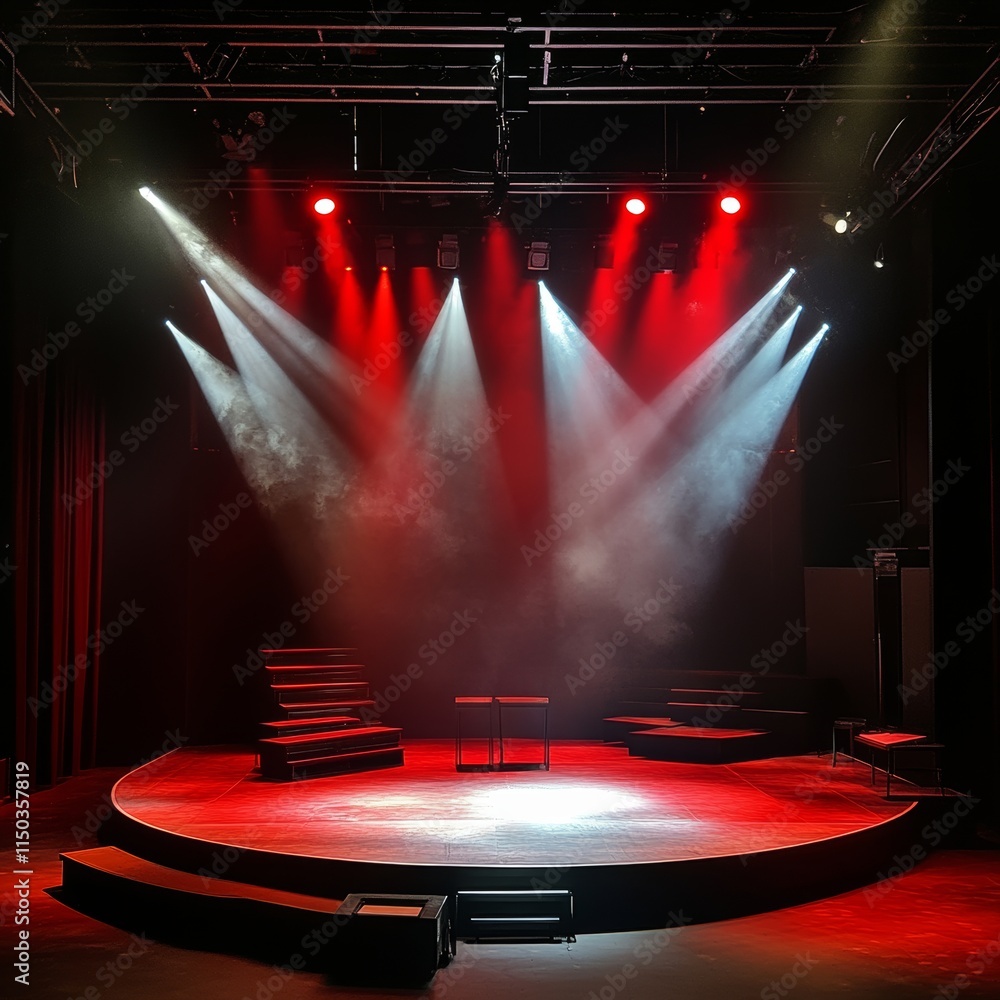 Poster stage set for a dramatic performance illuminated by red and white lights creating an intense atmosph
