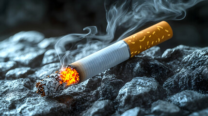 Burning cigarette lying on dark rocks with smoke.